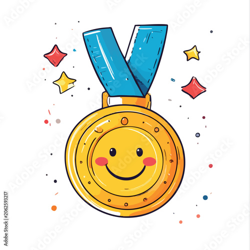 Cute hand drawn gold medal with smiling face illustration.