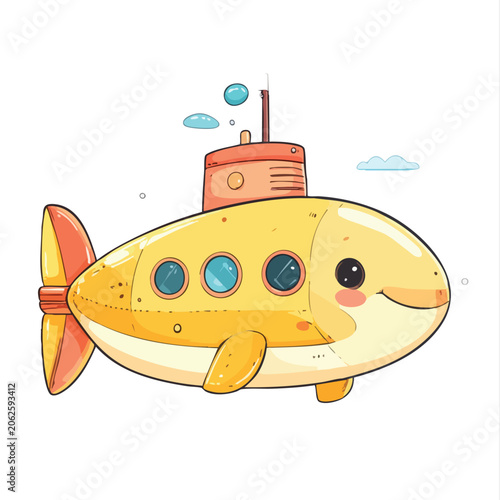 Cute yellow cartoon submarine character illustration for children.