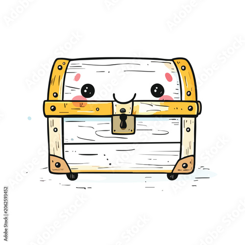 Cute Kawaii Wooden Treasure Chest Illustration.