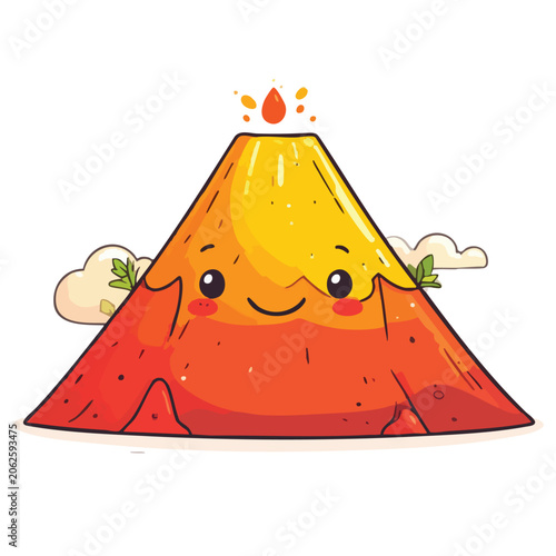 Cute cartoon volcano character with a happy smiling face.