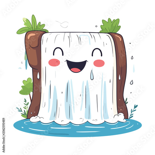 Cute cartoon waterfall character with a happy smiling face.