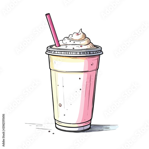 Hand drawn illustration of a delicious milkshake in a plastic cup.