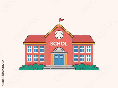 Red School Building with Blue Door and Clock
