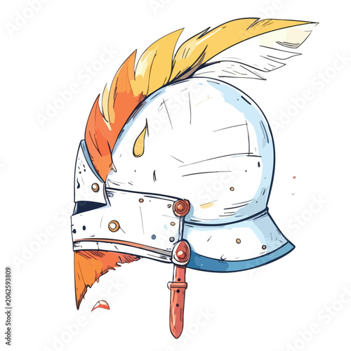 Stylized Illustration of a Medieval Knight Helmet with Feather Plume.