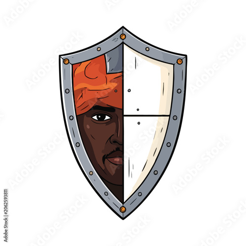 Illustration of a warrior face behind a medieval metal shield.