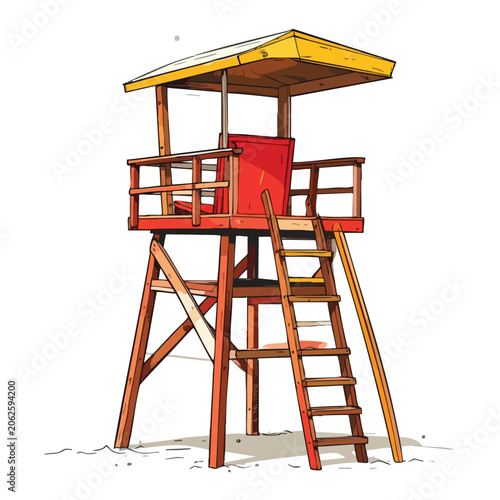 A colorful hand drawn illustration of a wooden lifeguard tower.