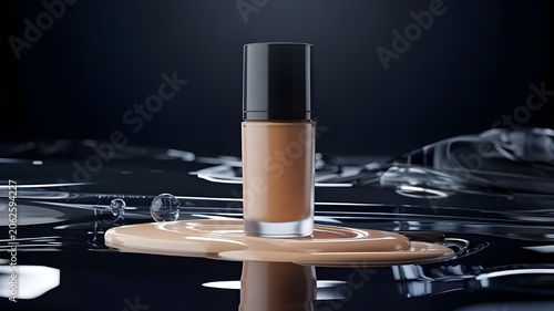 A foundation bottle stands on a watery surface with ripples around it.