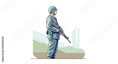 Quadro su tela Soldier Standing Guard with Rifle in Uniform, Military Service, Defense