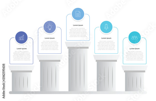 Photography A professional infographic showing 5 distinct pillars arranged to visually represent a clear 5-step process, ideal for illustrating business strategies, growth concepts
