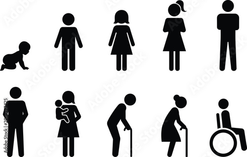 Human aging and life cycle stages silhouette icon set showing growth from baby child teenager adult to elderly senior person.