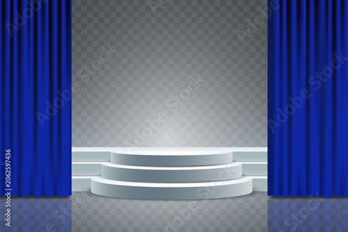 Empty white tiered podium standing on stage with blue theater curtains and spotlight