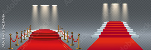 Red carpet leading up stairs with golden stanchions and spotlights on a transparent background