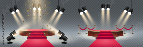 Stage podium with red carpet and glowing spotlights represents success and exclusive events