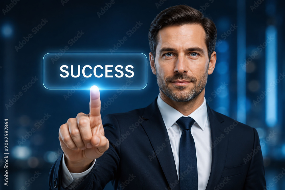 Obraz premium A confident businessman in a sleek suit presses a glowing virtual SUCCESS button on a futuristic screen, evoking strong feelings of determination, achievement, and visionary leadership.