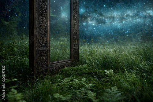 A mysterious mirror stands in a lush, misty field under a vibrant starry night sky with the Milky Way, framed by dark trees. A magical, fantasy portal scene.