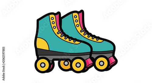 Teal roller skate with yellow wheels.