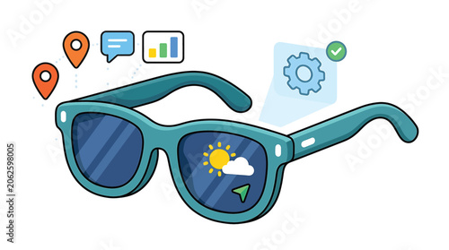 Teal sunglasses with weather icons inside.