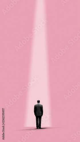 Businessman Standing in Spotlight on Pink Background Symbolizing Focus and Opportunity