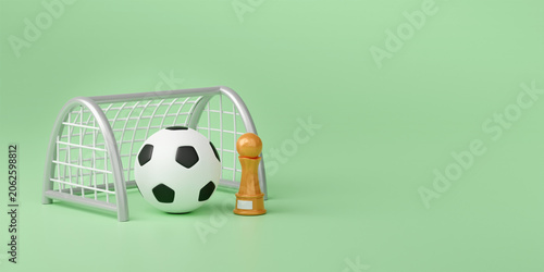 Minimalist 3D illustration of soccer ball and gold trophy by goal net for championship victory