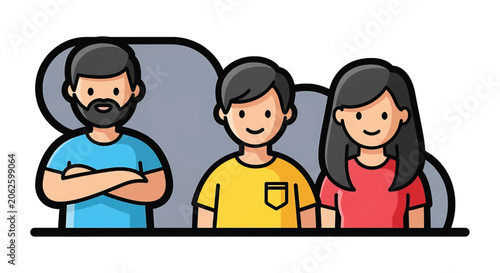 Three cartoon people standing together smiling.