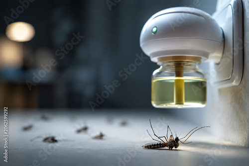 An electric mosquito vaporizer plugged into a wall socket offers overnight protection, leaving dead pests on the floor. Evokes a strong feeling of relief and home safety. Nobody.