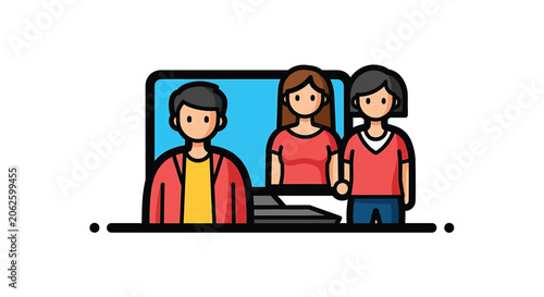 Three people standing in front laptop.