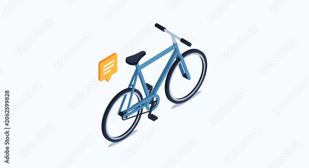 Fototapeta premium Isometric vector illustration of a modern blue city bicycle with a small message bubble icon on the side.