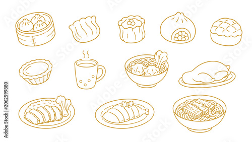 Hong Kong food icon set with dim sum, egg tart, milk tea, wonton noodles, roast goose, char siu rice, soy sauce chicken and beef brisket noodles in clean monoline vector style.