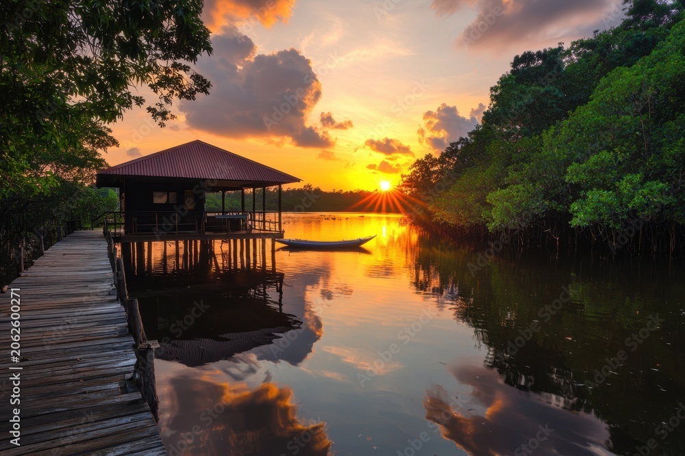 Fototapeta premium Stilted wooden house sunset river mangrove reflection dock boat tropical landscape water