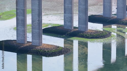 Abstract Aerial View of Orwell Bridge Support Columns and River Engineering Infrastructure in Suffolk England