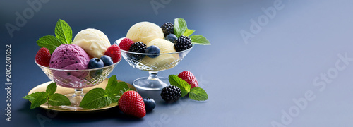 National ice cream day concept with gourmet ice cream sundaes topped with fresh berries and mint celebrating refreshing summer dessert with copy space