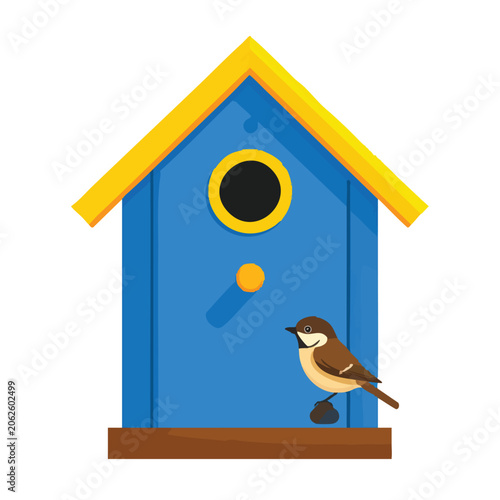 A cute small bird perched on a bright blue wooden birdhouse.