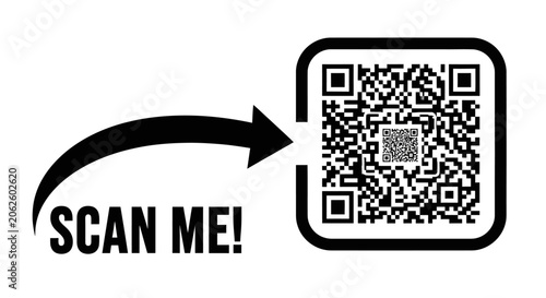Minimalist black QR code graphic with directional arrow and scan me prompt for mobile access