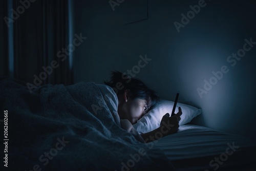 Young woman lying in a dark bedroom at night and scrolling through her smartphone under the blanket - concept of phone addiction and insomnia