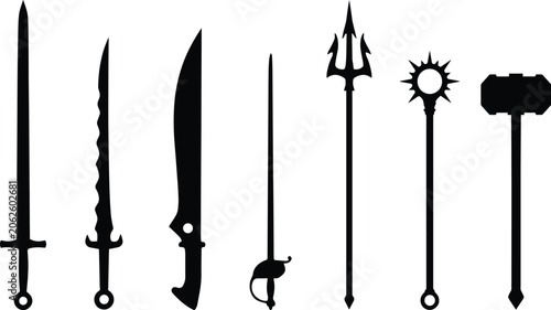 Photos Sword and ancient medieval weapon silhouette icon set featuring daggers trident mace rapier and war hammer for gaming design elements