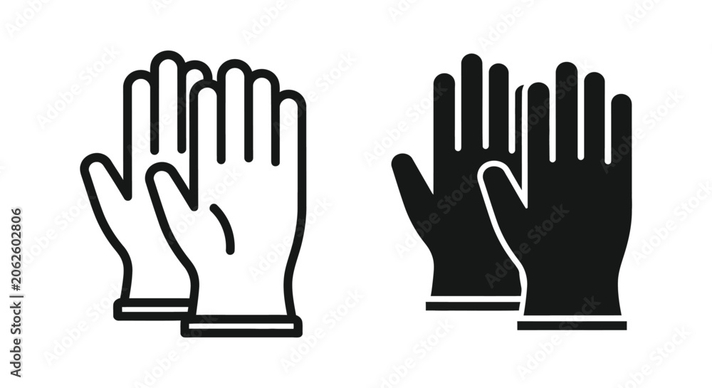 Obraz premium Set of protective rubber gloves, work gloves icons, linear and solid style, vector illustration isolated on white background