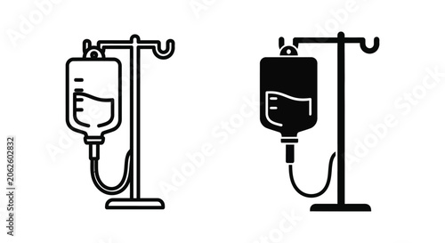 Iv drip bag icon set, medical infusion bottle on stand, vector illustration isolated on white background