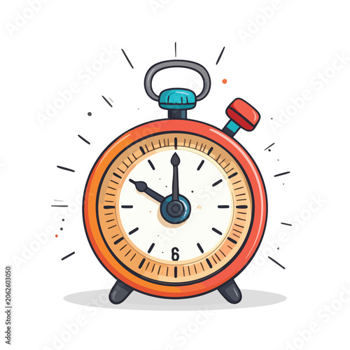 Cartoon style red alarm clock isolated on white background.