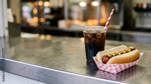 Classic Ballpark Hot Dog and Soda on Counter – Perfect for Sports Event Promotions
