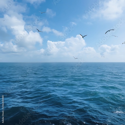 A view of the sea and birds flying in the air.