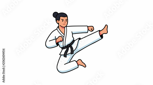 A cartoon drawing of a woman in a white uniform and black belt kicking