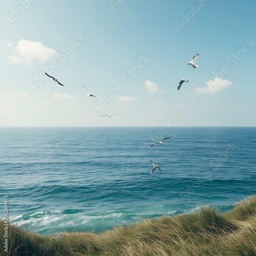 A view of the sea and birds flying in the air.
