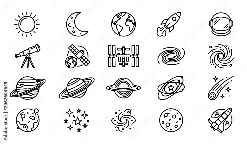 Fototapeta premium Astronomy Space Exploration Line Icon Set with Planets Galaxy Rocket and Celestial Objects EPS Vector Collection
