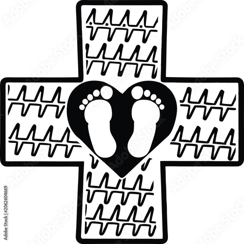Heartbeat Medical Cross With Baby Feet Icon