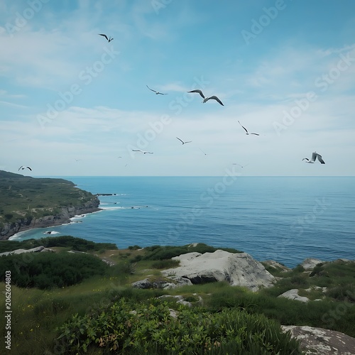 A view of the sea and birds flying in the air.