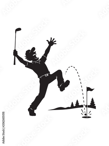 Man celebrating golf victory with arms raised
