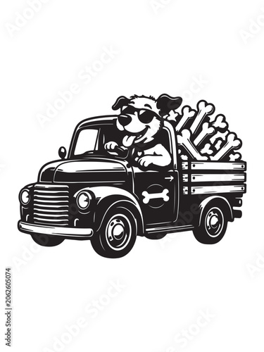 Funny dog driving a truck with bones