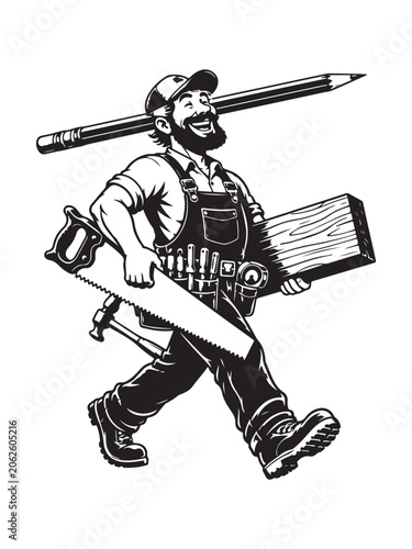 Carpenter man carrying tools and wood