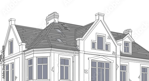 Architectural line art drawing of the roof and upper facade of a classic historic manor with chimneys and gothic windows.