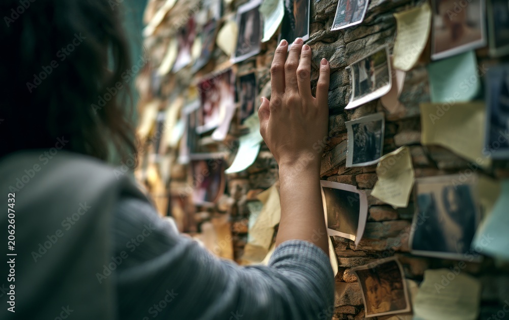Fototapeta premium Person Touching Wall with Photos and Notes in Creative Space